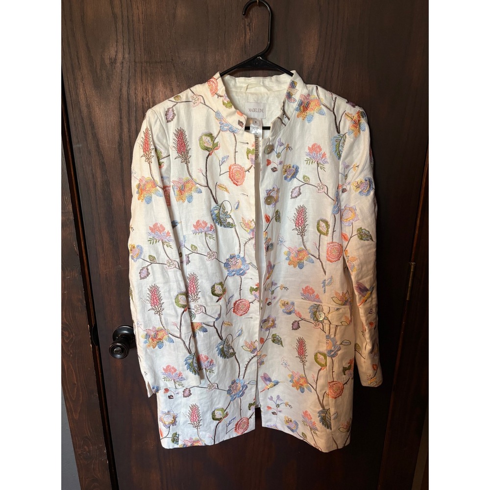 Madeleine Women White Linen Floral Hummingbird Embroidered Blazer Jacket Size 12